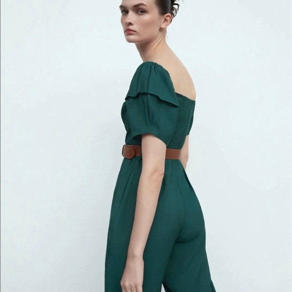 NWT Zara Belted Jumpsuit Puff Shoulder Green Color - Picture 5 of 7
